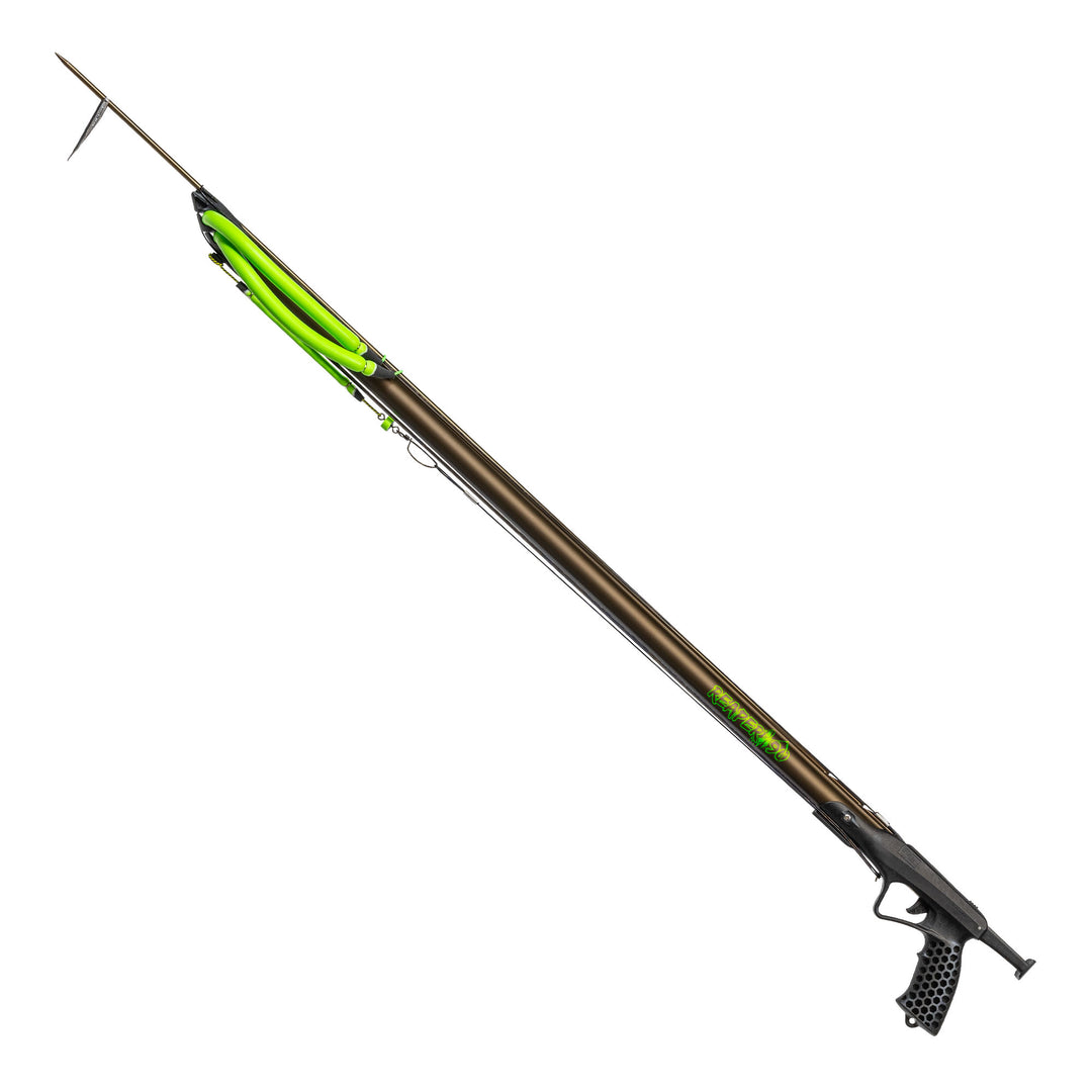 A black and green speargun with an ergonomic handle and an integrated rail system, designed for spearfishing.