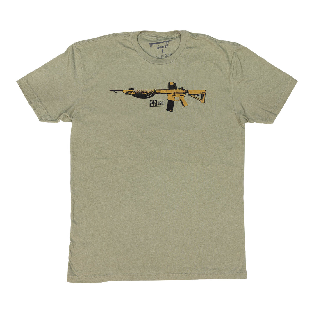 Green t-shirt with yellow and black M4 Speargun graphic