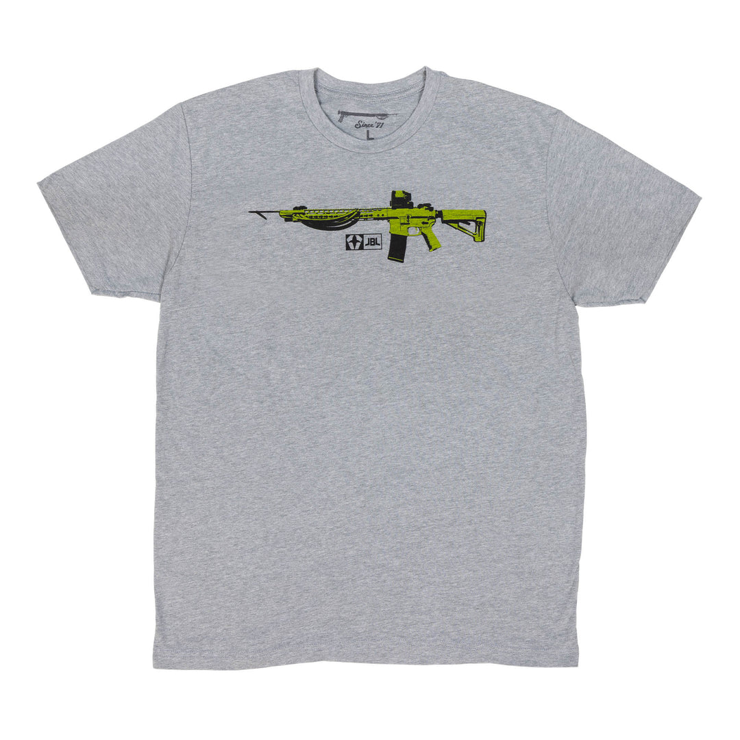 Gray t-shirt with green and black M4 Speargun graphic