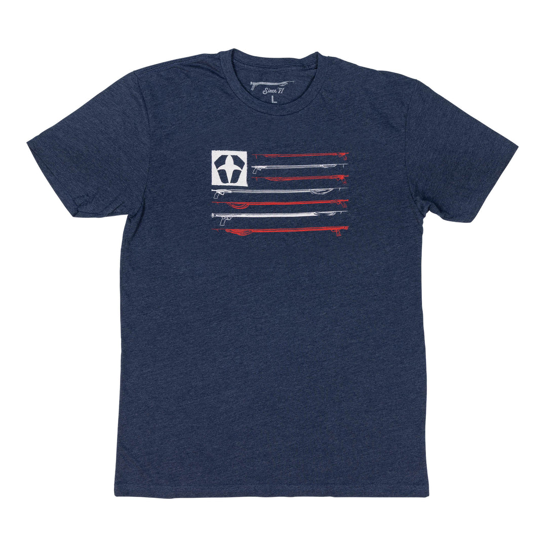 Blue t-shirt with red and white Flag graphic