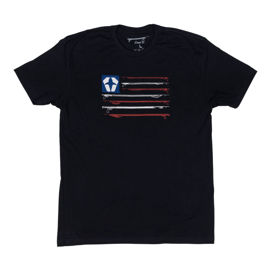 Black t-shirt with red, white, and blue Flag graphic