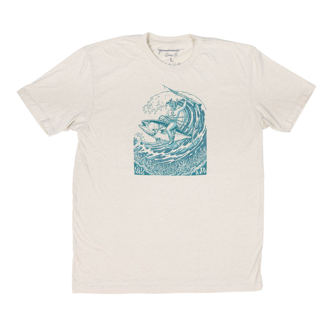 Tan t-shirt with blue Fish Rodeo graphic