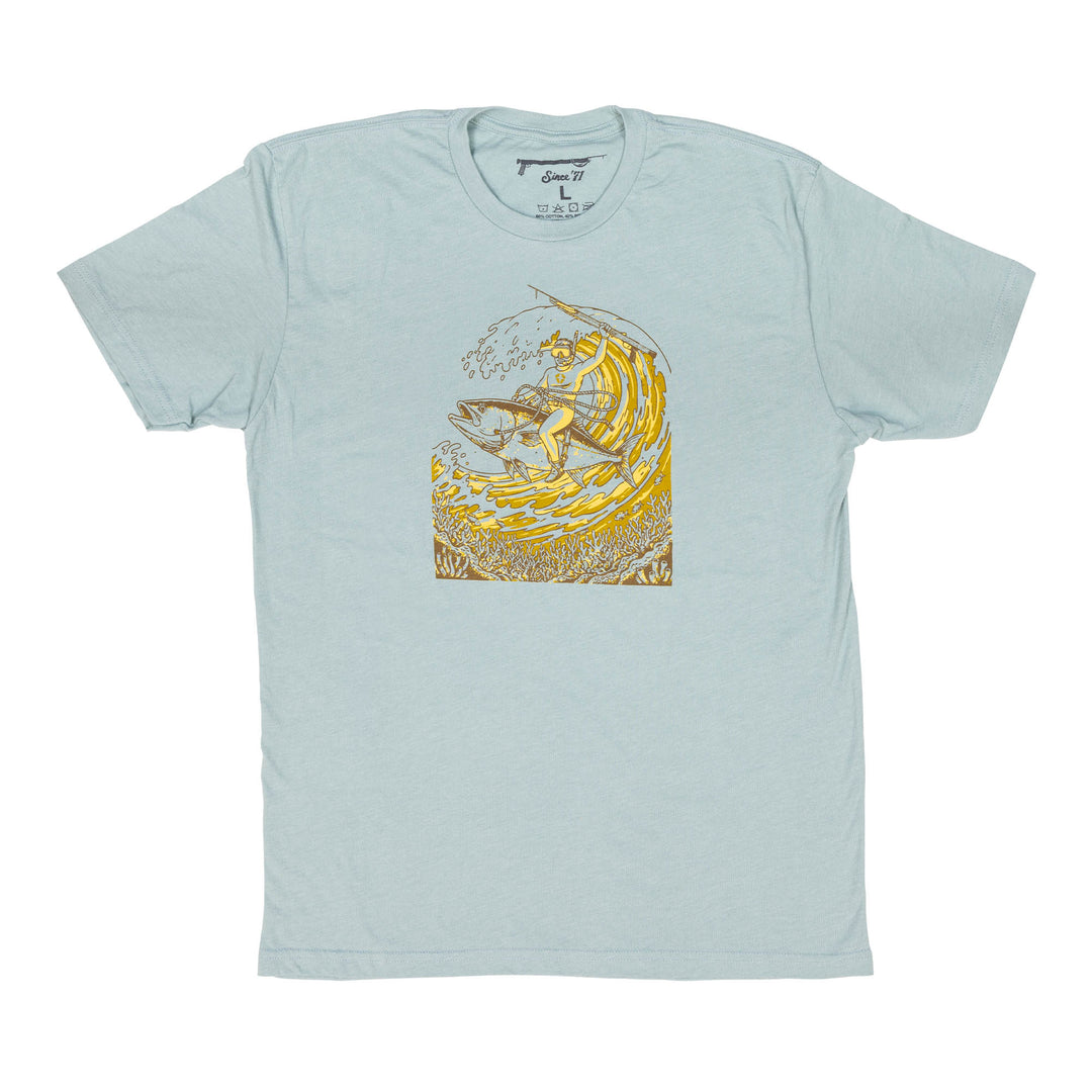 Blue t-shirt with yellow Fish Rodeo graphic