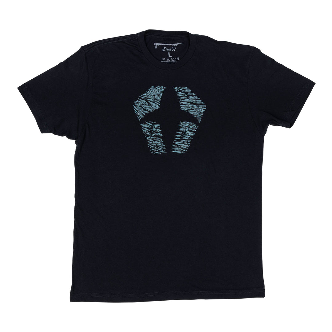 Black t-shirt with blue Sardines Logo graphic