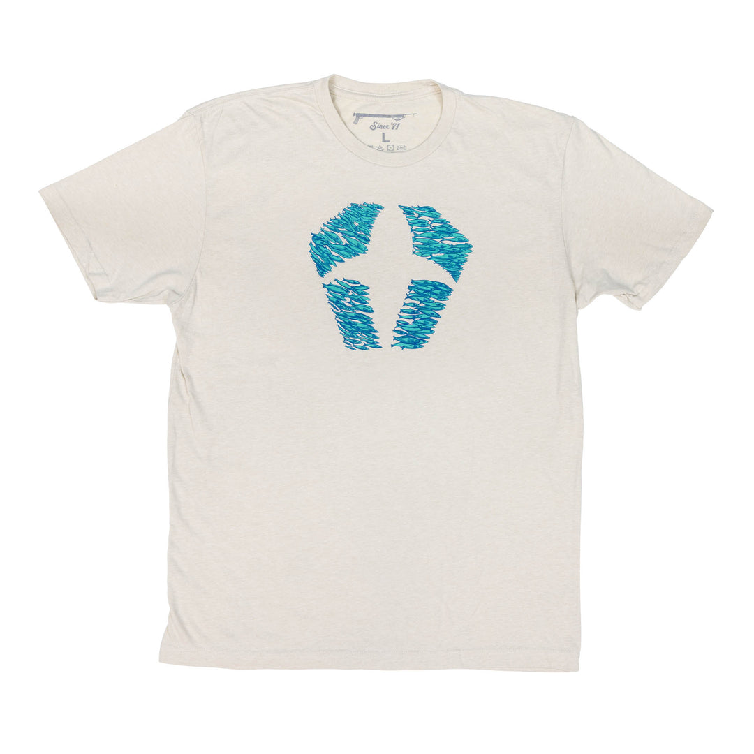 Tan t-shirt with green Sardines Logo graphic