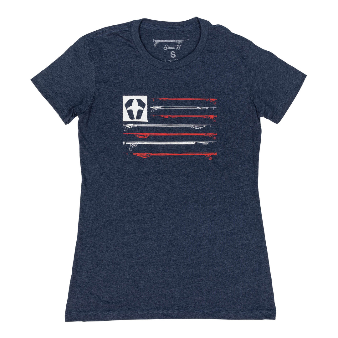 Women's blue t-shirt with red and white Flag graphic