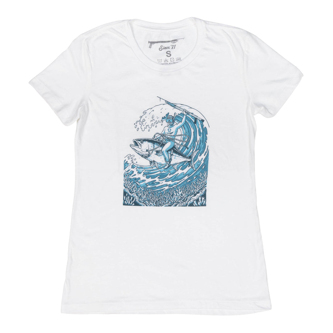 Women's white t-shirt with blue Fish Rodeo graphic