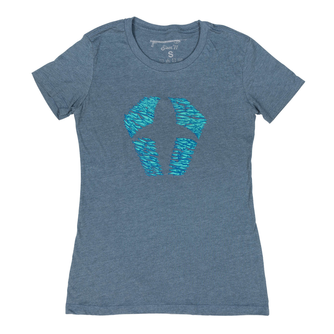 Women's blue t-shirt with green Sardines Logo graphic